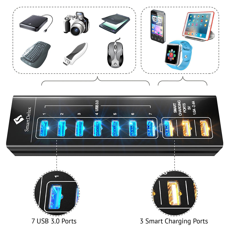 [Australia - AusPower] - SmartDelux Powered USB Hub - 10-Port USB 3.0 Hub with 7 USB 3.0 Ports, 3 Smart Charging Ports, Power Adapter, Long Cord, LEDs - Black Aluminum 10-port USB Hub 