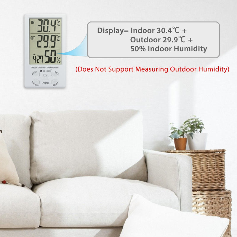 [Australia - AusPower] - Neoteck 3 in 1 Thermometer Hygrometer with Clock Large LCD Display, Digital Humidity Temperature Meter 1.5m Sensor Wire for Indoor Outdoor Use 4.9ft 