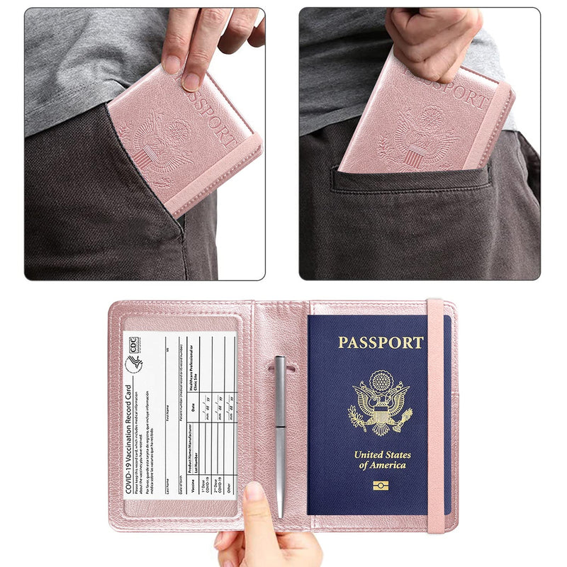 [Australia - AusPower] - ACdream Passport and Vaccine Card Holder Combo, Cover Case with CDC Vaccination Card Slot, Leather Travel Documents Organizer Protector, with RFID Blocking, for Women and Men, Rose Gold AA-Rose Gold 