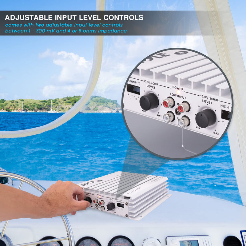 [Australia - AusPower] - Pyle Hydra Marine Amplifier - Upgraded Elite Series 400 Watt 4 Channel Audio Amplifier - Waterproof, Dual MOSFET Power Supply, GAIN Level Controls, RCA Stereo Input & LED Indicator - PLMRA402 Marine Amplifier Elite 