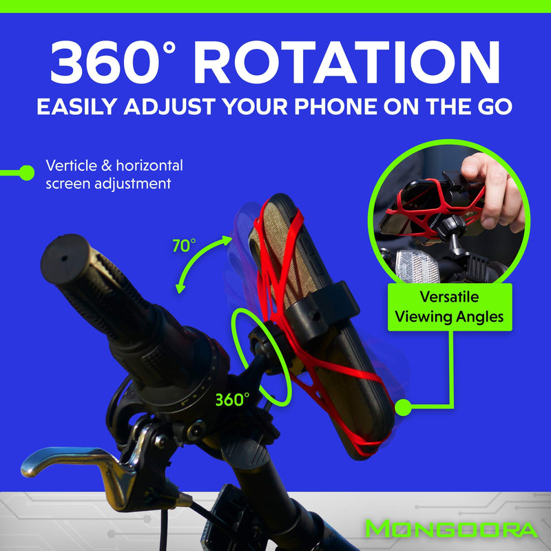 [Australia - AusPower] - Mongoora Bike & Motorcycle Phone and GPS Mount w/ 3 Bands (Black, Red, Green) Cell Phone Holder for Bicycle Handlebar Easy to Install Bike Accessories Fits iPhone 12 11 X 8 8 Plus, Galaxy S21 S20 S10 