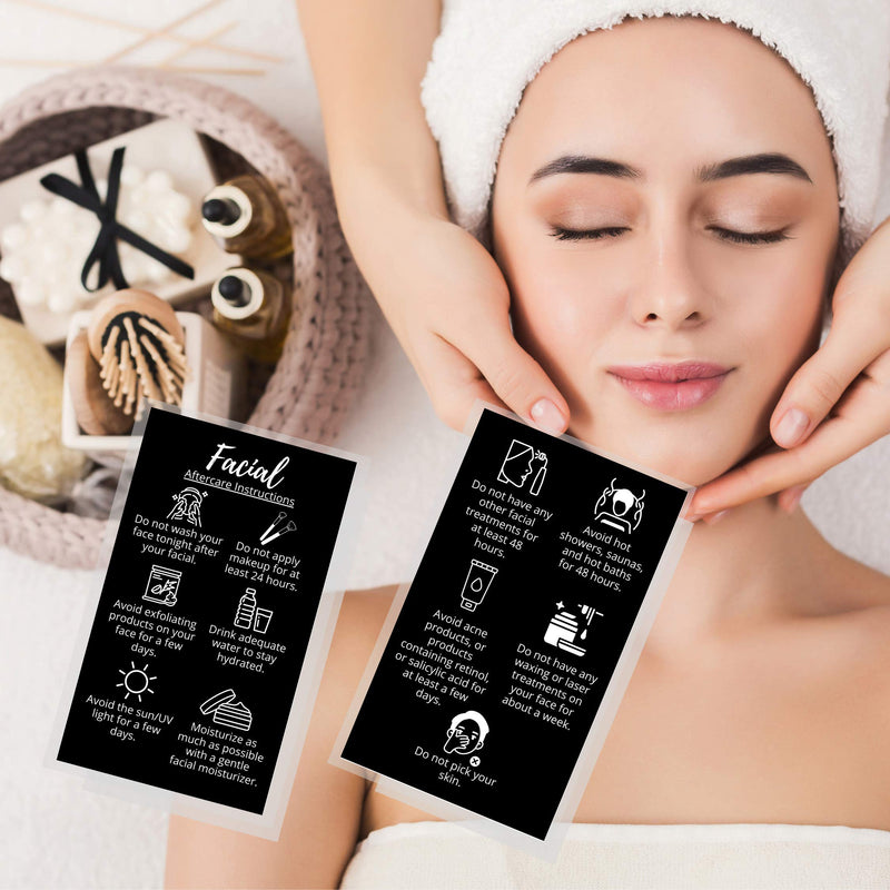 [Australia - AusPower] - Facial Aftercare Cards | 50 Pack | Size 2 x 3.5” inches Business Card Size | Facial PMU | Aftercare Instructions Black with Icons Design 