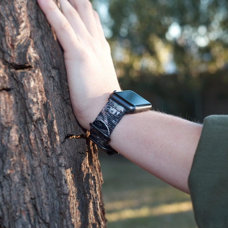 [Australia - AusPower] - Carterjett Compatible with Apple Watch Band 44mm 42mm Camouflage Outdoors Woven Canvas iWatch Band Replacement Military Style Sport Wrist Strap Series 6 5 4 3 2 1 Nike Sport (44 42 S/M/L Woods Camo) Camo-Woods Nylon w/ Gray hardware 