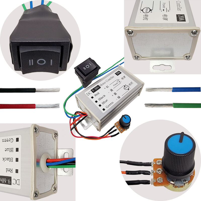 [Australia - AusPower] - DC Motor Speed Controller 20A 1200W Brush Motor Driver Controls DC 9V-60V 12V 24V 36V 48V 60V Motor Pulse Width Modulator Regulator PWM Monitor Dimmer Governor with Switch & Knob 