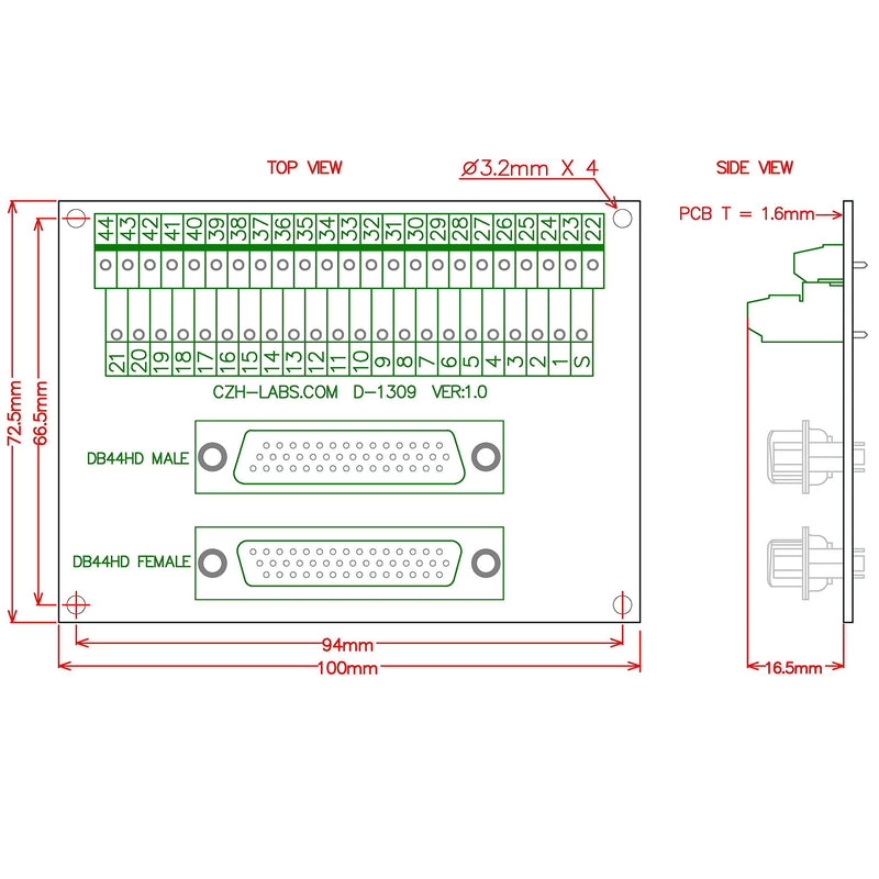 [Australia - AusPower] - CZH-LABS DIN Rail Mount DSUB DB44HD Male/Female Header Interface Module, D-SUB Breakout Board. 