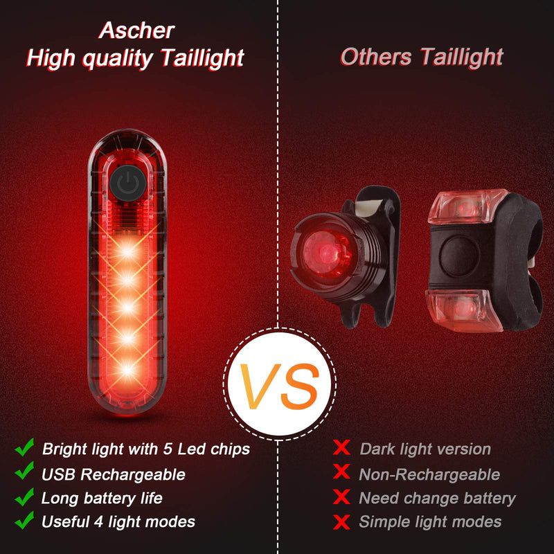 [Australia - AusPower] - Ascher USB Rechargeable LED Bike Tail Light 2 Pack, Bright Bicycle Rear Cycling Safety Flashlight, 330mah Lithium Battery, 4 Light Mode Options, (2 USB Cables Included) 