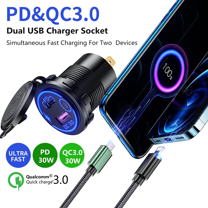 [Australia - AusPower] - KEWIG PD Type C & Quick Charge 3.0 Dual USB Charger Socket Waterproof 30W 12V 24V USB Outlet Dual Charger Fast Charge with ON/Off Switch and Blue LED DIY Kit for Car Boat Marine RV ATV, 2 Pack 