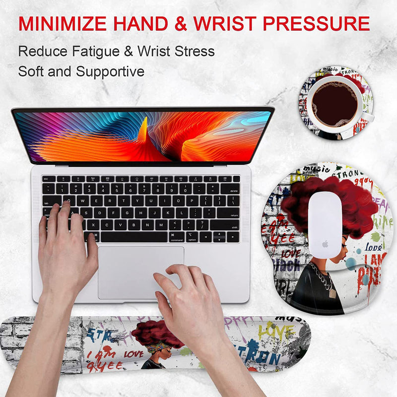[Australia - AusPower] - Ergonomic Mouse Pad Wrist Support Gel and Keyboard Wrist Rest Set for Laptop, Mac, Gaming and Office, Durable, Comfortable and Pain Relief + Coaster, African Black Woman Graffiti Girls 