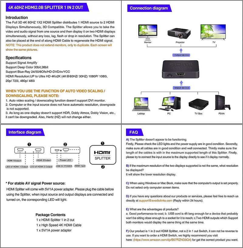 [Australia - AusPower] - HDMI Splitter 1 in 2 Out 4K@60Hz(with HDMI Cable 3.3ft), HDMI Switch Splitter for Dual Monitors Only Duplicate/Mirror Screens, for Laptop, TV Box, Support HDMI 2.0b, HDCP2.2, Full HD 1080P 3D 