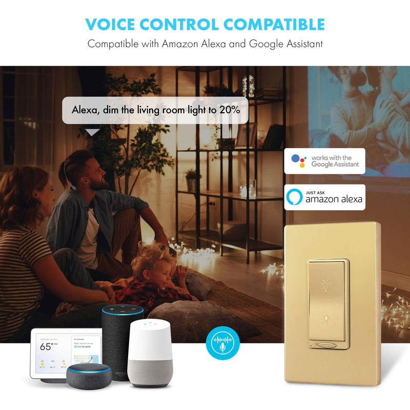 [Australia - AusPower] - TOPGREENER Smart Wi-Fi Dimmer Switch, Dim Lighting from Anywhere, in-Wall, Single Pole or 3-Way (TGWF3K Sold Separately), No Hub Required, Compatible with Alexa and Google Assistant, TGWF500D, Gold 