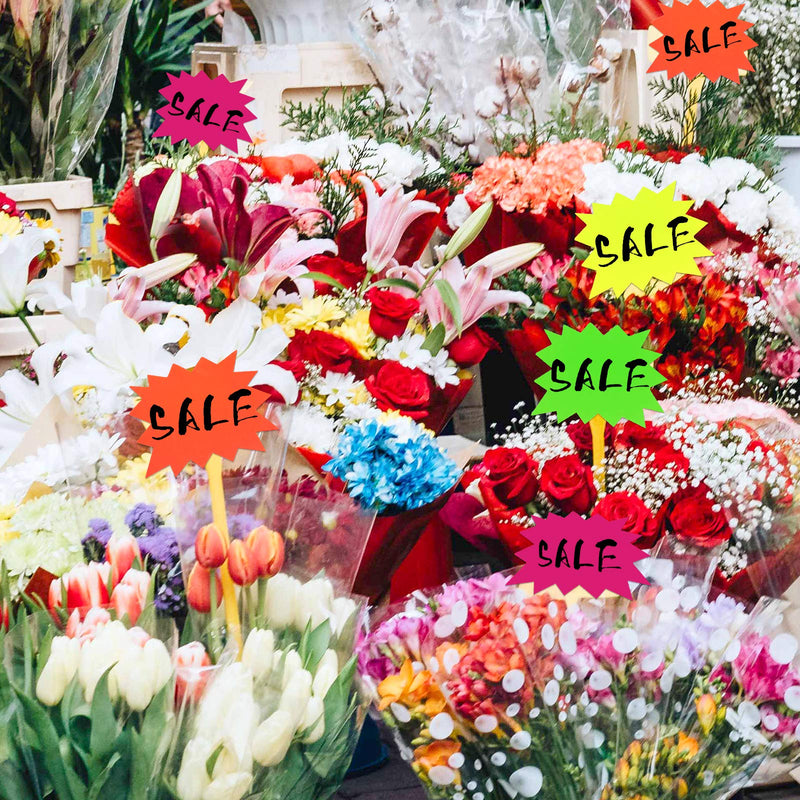 [Australia - AusPower] - Daily Treasures 200Pcs Starburst Signs, with 100Pcs PVC Self-Adhesive Strips-4 Colors Fluorescent Burst Paper Signs Blank Sales Burst Signs for Retail Store, Garage Sale Sign to Boost Sales 