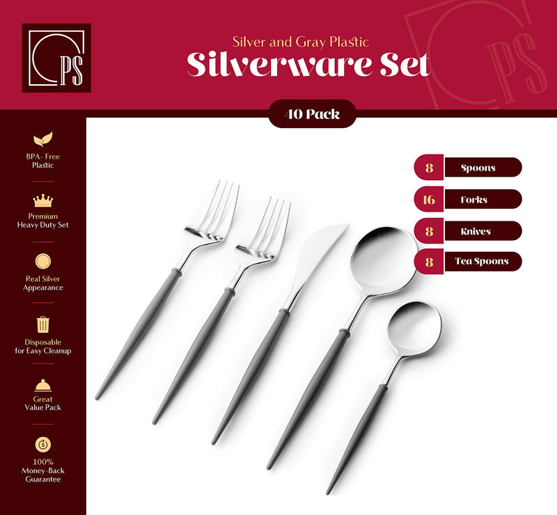 [Australia - AusPower] - Plastic Cutlery Set-40 Set- Disposable Forks, Spoons, Knives- Fancy Flatware Utensil Set for Dinner, Salad, Soup, Tea- Heavy Duty Handle, Modern, Reusable- For Parties, Weddings, Catering Silver and Gray 