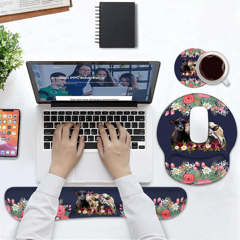 [Australia - AusPower] - Keyboard Wrist Rest and Mouse Pad Wrist Support Set, Non-Slip PU Base Ergonomic Gaming Mousepad for Home Office Working Studying Easy Typing & Pain Relief - Floral Quote Funny Cows Combination 