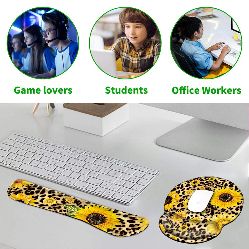 [Australia - AusPower] - Keyboard Wrist Rests and Gel Mouse Pad with Wrist Support Set + Cup Coaster, Wrist Support for Keyboard and Mouse w/Vivid Designs, Wrist Support for Keyboard Office Home School - Sunflower Leopard 3-IN-1 Full Set 