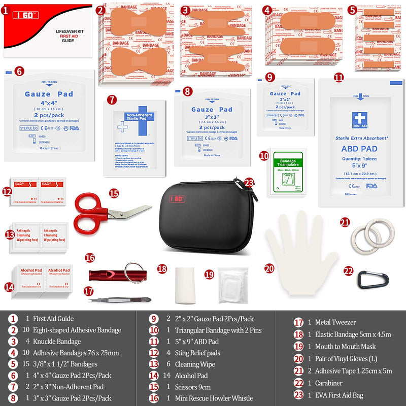 [Australia - AusPower] - I GO 85 Pieces Hard Shell Mini Compact First Aid Kit, Small Personal Emergency Survival Kit for Travel Hiking Camping Backpacking Hunting Marine Car Black 
