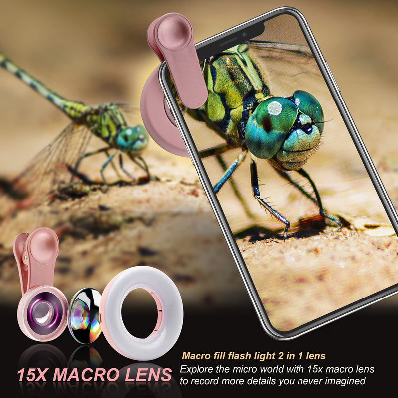 [Australia - AusPower] - Macro Lens for iPhone and Android with Mini Clip Ring Light, Portable Rechargeable Dimming, for Smart Phone Photography, Camera Video Recording, VLOG Pink 