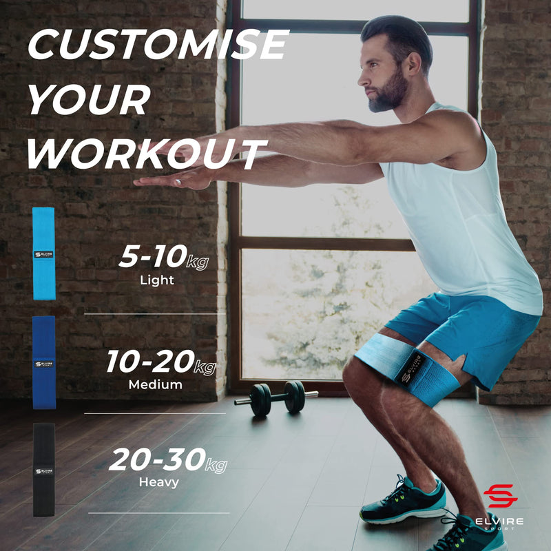[Australia - AusPower] - ELVIRE Fabric Resistance Bands for Working Out. 2 Styles – Set of 3 Booty Bands for Glutes OR Set of 3 Long Resistance Bands for Full Body Workout | 3 Fitness Loop Bands Levels for Women & Men Blue & Black 