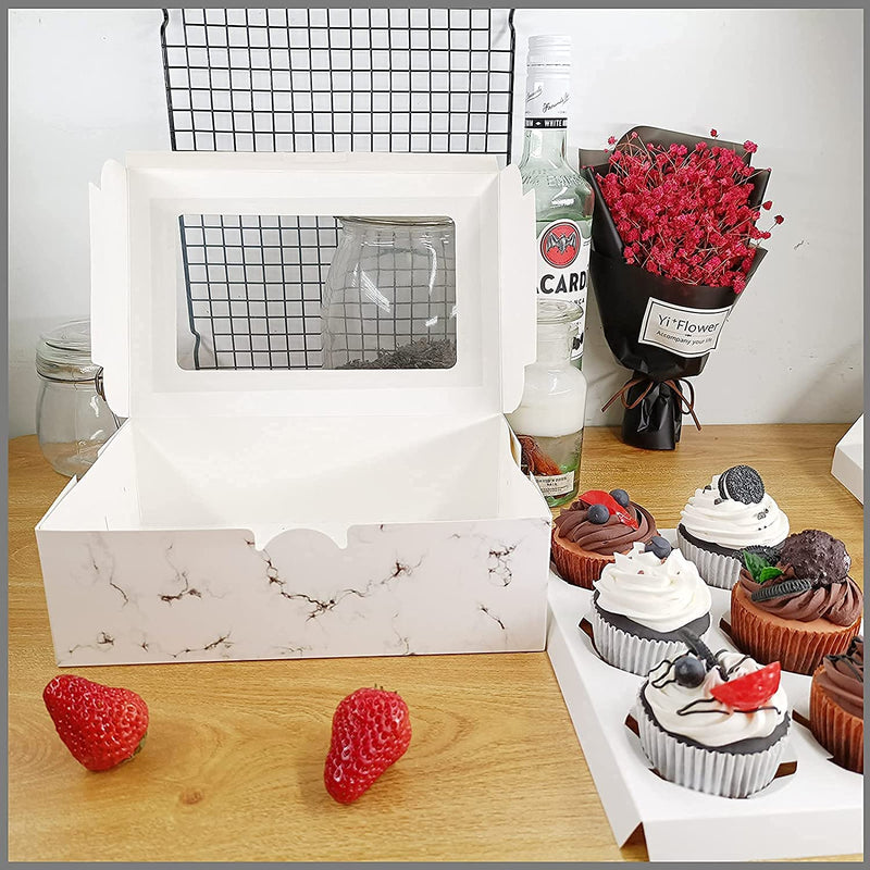 [Australia - AusPower] - 10 Pcs Cupcake Boxes, 6 Holes Cupcake Box with Window, Insert and Stickers, Tray Bake Boxes for Cakes, Cupcakes, Dessert, Pastries, Cookies(Marble) 6 Holes-Marble 