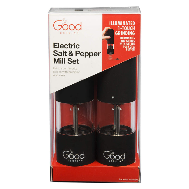 [Australia - AusPower] - Electric Pepper Grinder and Salt Mill (2 Pack)- Battery Operated One-Handed Spice Dispenser w LED Light & Adjustable Coarseness- Matte Black, Batteries Included 2 