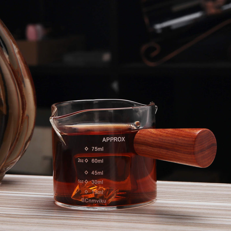 [Australia - AusPower] - 1 Pack Double Spouts Measuring Triple Pitcher Milk Cup with Wood Handle 75ML Espresso Shot Glasses Parts Clear Glass By BCnmviku 1 