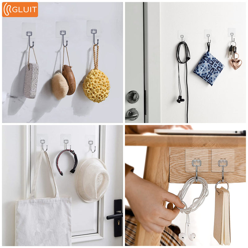 [Australia - AusPower] - GLUIT Large Adhesive Hooks for Hanging Heavy Duty Wall Hooks 22 lbs Self Adhesive Towel Waterproof Transparent Hooks for Bag Shower Outdoor Kitchen Cup Hooks Curtain Door Coat Hooks 6 Pack 6 Large Hooks 