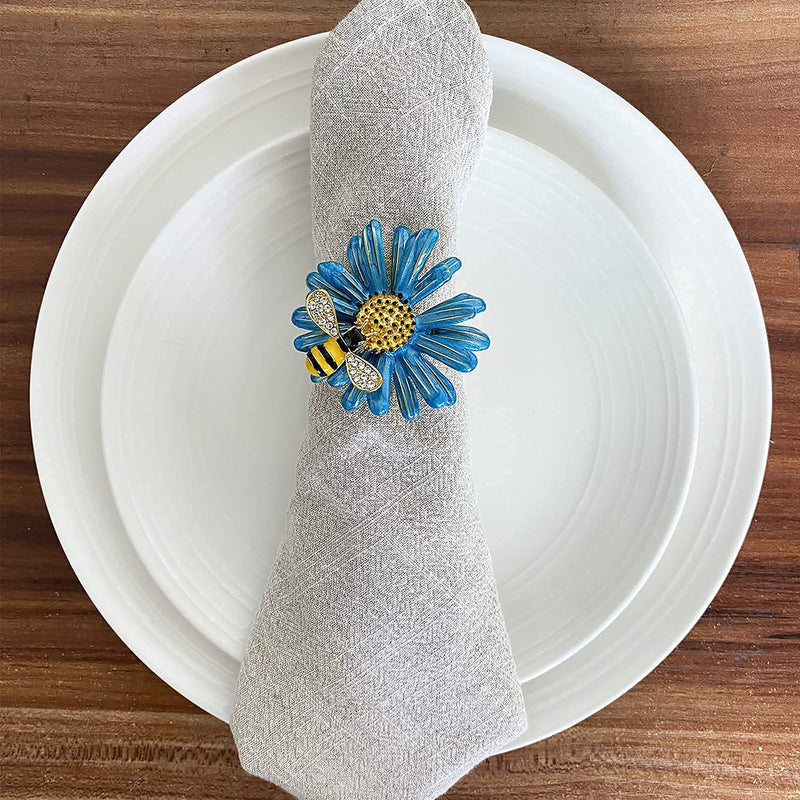 [Australia - AusPower] - Eaferm Set of 6 Bee Napkin Rings Modern Daisy Flower Napkin Holder Tablescape Table Place Setting Party Wedding Dining Decor Accessories (Blue) Blue 