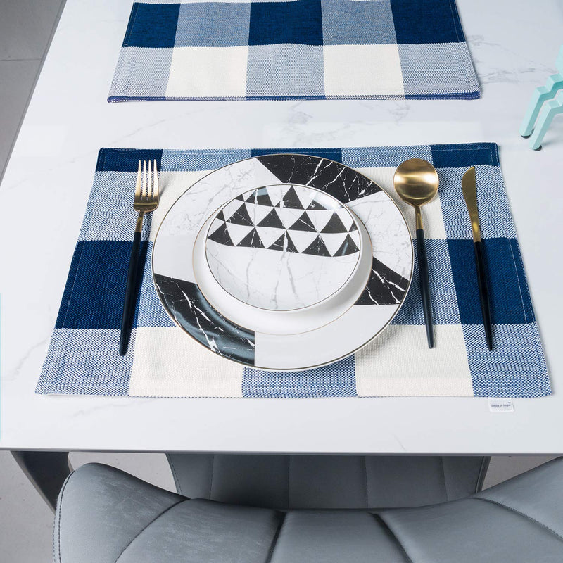 [Australia - AusPower] - smile of hope Blue and White Buffalo Plaid Placemats , Kitchen Dining Table mats, Imitation Hempable Heat Resistant 12x18 Inche Waterproof Checkered Cloth Place mats Set of 4 Dark Blue and White Plaid 12x18 inch 