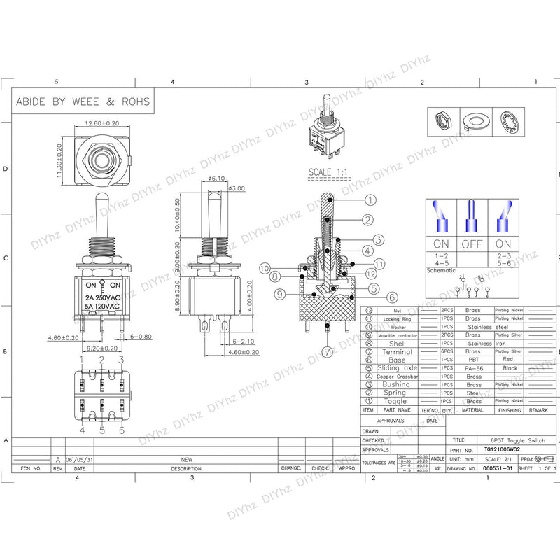 [Australia - AusPower] - DIYhz Toggle Switch AC 5A/125V 2A/250V 6 Pin Terminals On/Off/On 3 Position DPDT Toggle Switch Mini Miniature Toggle Switch Car Dash Dashboard,10Pcs 