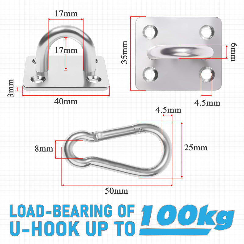 [Australia - AusPower] - 4 PCS M6 Premium Heavy Duty Square Stainless Steel Pad Eye Hooks + 4PCS Snap Hooks and 16 PCS Screws with 16 PCS Plastic Expansion Tube, Ceiling Hooks Heavy Duty for Outdoor Indoor Activity 