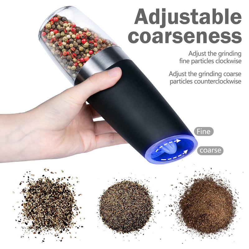 [Australia - AusPower] - 2 Pack Gravity Electric Salt and Pepper Grinder Set Automatic Battery Powered Salt Mill, Adjustable Coarseness, with Blue LED Light, One Hand Operated Black 2X 
