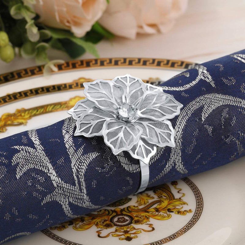 [Australia - AusPower] - Patelai 6 Pieces Alloy Napkin Rings with Hollow Flower Napkin Holder Adornment Exquisite Napkins Rings Set Rhinestone Napkin Rings for Wedding Banquet Dinner Decor Favor (Silver) Silver 