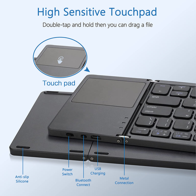 [Australia - AusPower] - Foldable Bluetooth Keyboard, Acoucou Wireless Bluetooth Keyboard with Touchpad, Pocket Size USB Rechargeable Bluetooth Keyboard Compatible with iOS, Windows, Android Smartphones, Tablets, Laptops etc. Grey 