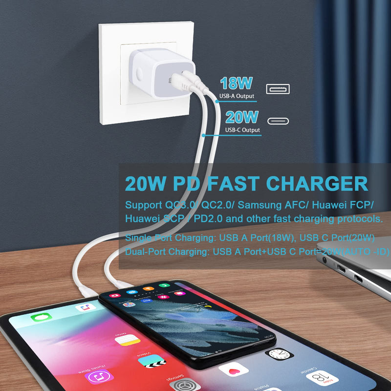 [Australia - AusPower] - USB C Fast Charger, 2Pack 20W Dual Port Wall Charger Adapter with PD Type C Block & QC 3.0 Fast USB Charger Plug Box for iPhone 13 12 11 Pro Max Mini XS XR X SE 2020, Pad Pro, Samsung Galaxy S21 S20 