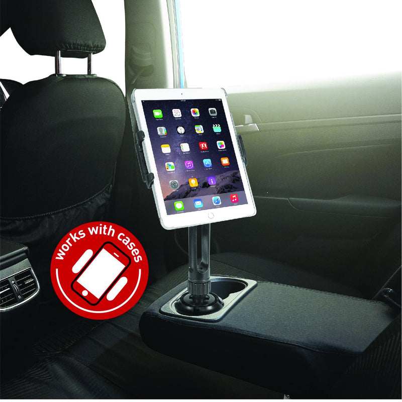 [Australia - AusPower] - Macally Heavy Duty Tablet Holder for Car - Works as Cup Holder Tablet Mount or Phone Cup Holder - Fits Devices 3.5" - 8” Wide with Case - Adjustable iPad Car Mount with 360° Rotatable Cradle 