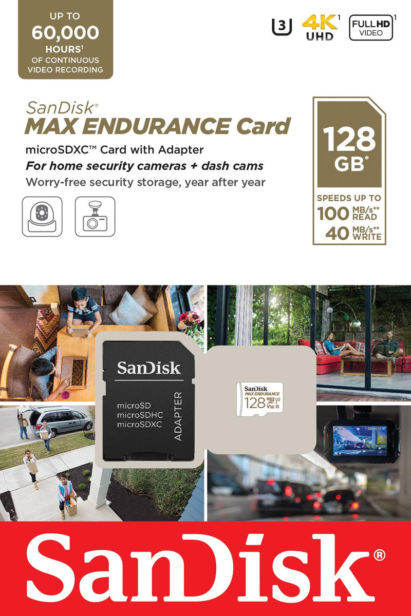 [Australia - AusPower] - SanDisk 128GB MAX Endurance microSDXC Card with Adapter for Home Security Cameras and Dash cams - C10, U3, V30, 4K UHD, Micro SD Card - SDSQQVR-128G-GN6IA 