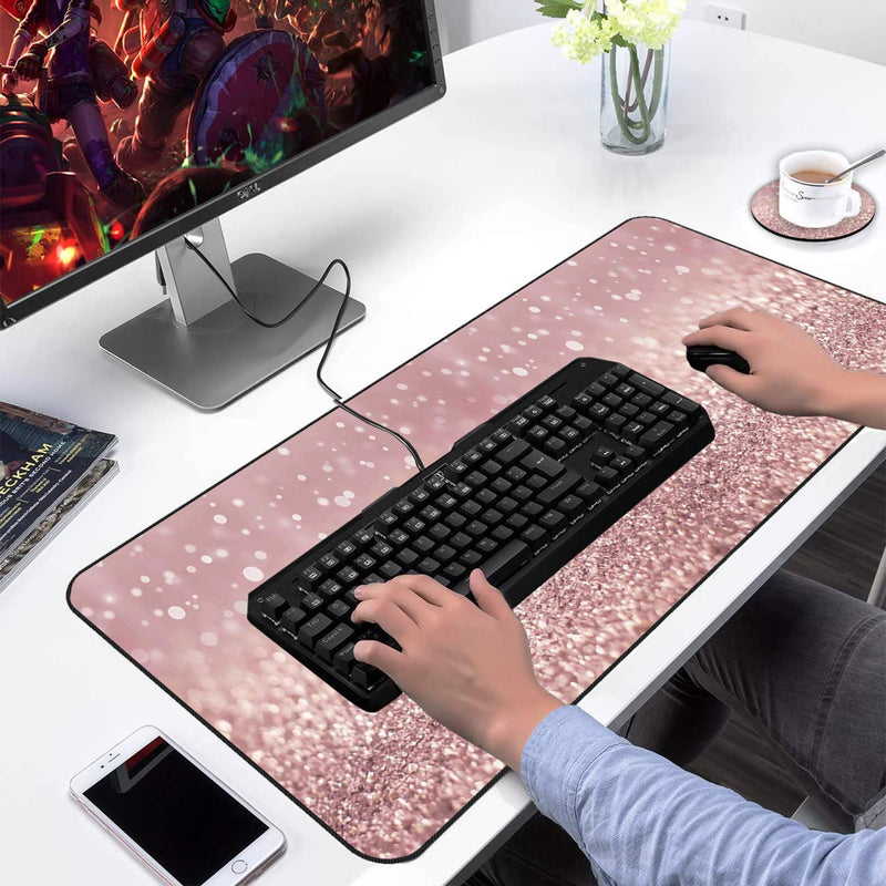 [Australia - AusPower] - Extended Gaming Mouse Pad and Coaster, Large Non-Slip Rubber Base Mousepad with Stitched Edges, Waterproof Mouse Mat Desk Pad for Work, Game, Office, Home -Rose Gold Rainbow Glitter Ya-mousepad-5-33 