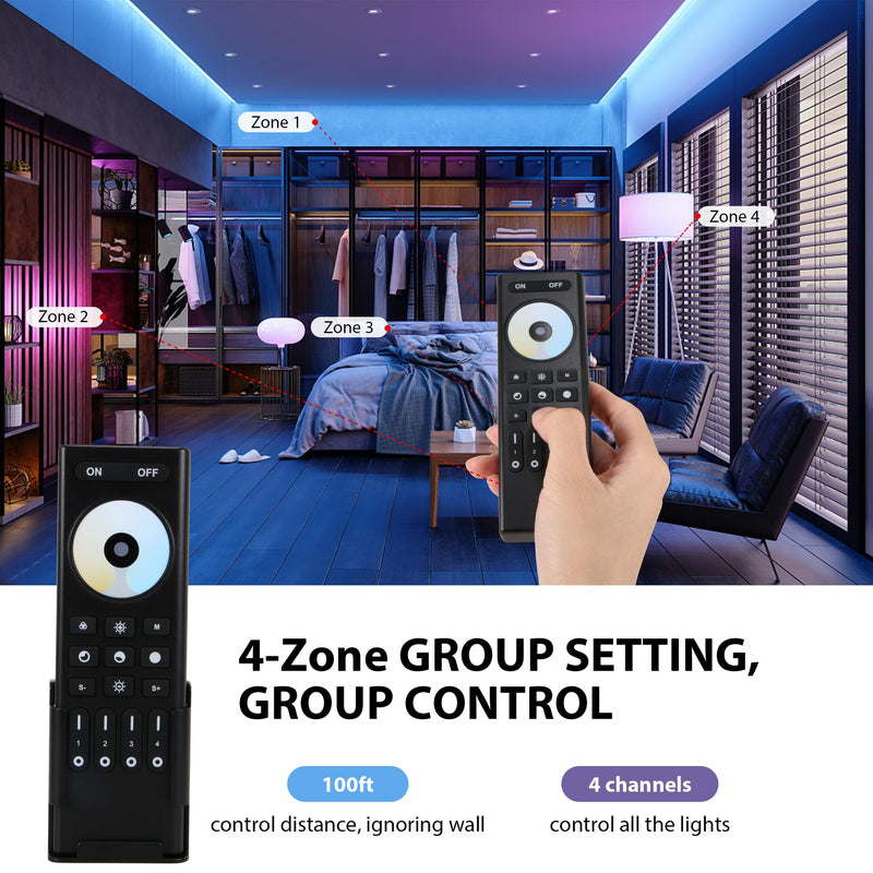 [Australia - AusPower] - XXK RC02RFB RF Remoter, 4-Zone 2.4G Handheld RF Remote Control Compatible with CCT LED Controller, 99ft Wireless Control 4 Channel Group Control for Home CCT LED Strip Lights 