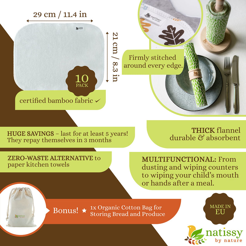 [Australia - AusPower] - Reusable Paper Towels for Kitchen, Roll of 10 Paperless Paper Towels, Reusable Cloth Paper Towels, Organic Bamboo Reusable Napkins, Washable Fabric Paper Towels Replacement Cloth, Reusable Towels 