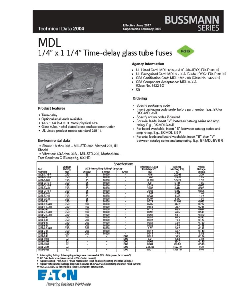 [Australia - AusPower] - Bussmann MDL-2 Glass Fuse 2 Amp 250 Volt Time Delay (Slo-blo) (5 pack) 