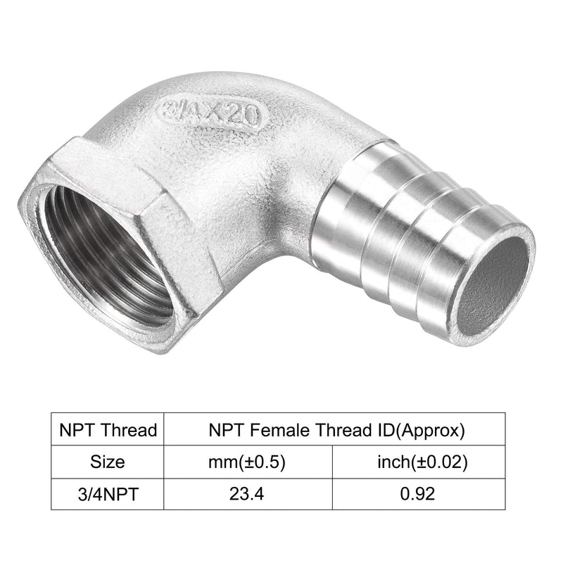 [Australia - AusPower] - uxcell 304 Stainless Steel Hose Barb Fitting Elbow, 20mm Barbed x 3/4" NPT Female Pipe Connector Adapter for Water Fuel Air, Pack of 2 