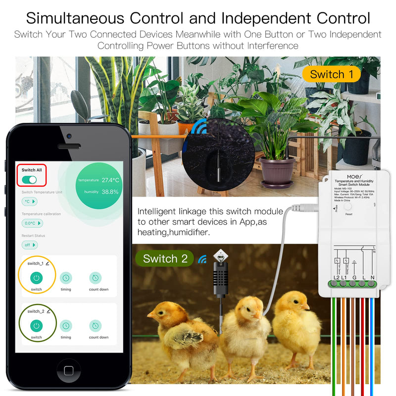 [Australia - AusPower] - MOES WiFi Smart Temperature and Humidity Switch Module Sensor, Dual Relay Output Controller, Smart Life Tuya App Wireless Remote Control, Programmable Thermostats Kit Works with Alexa Google Home Switch Module + Temperature and Humidity Probe 