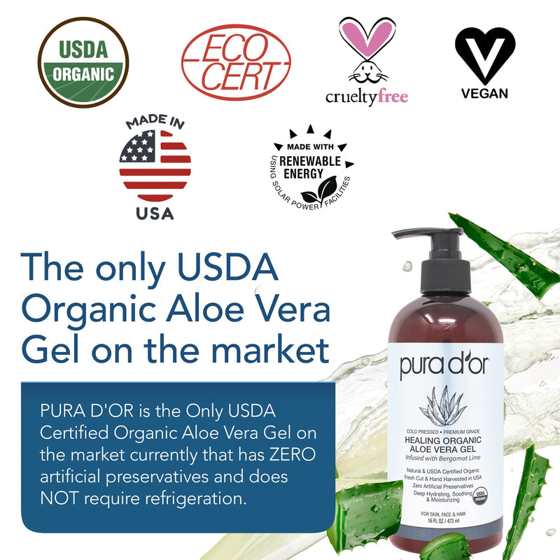 [Australia - AusPower] - PURA D'OR Organic Aloe Vera Gel Bergamot Lime (16oz) All Natural - ZERO Artificial Preservatives - Deeply Hydrating & Moisturizing - Sunburn, Bug Bites, Rashes, Small Cuts, Eczema Relief - Skin & Hair 