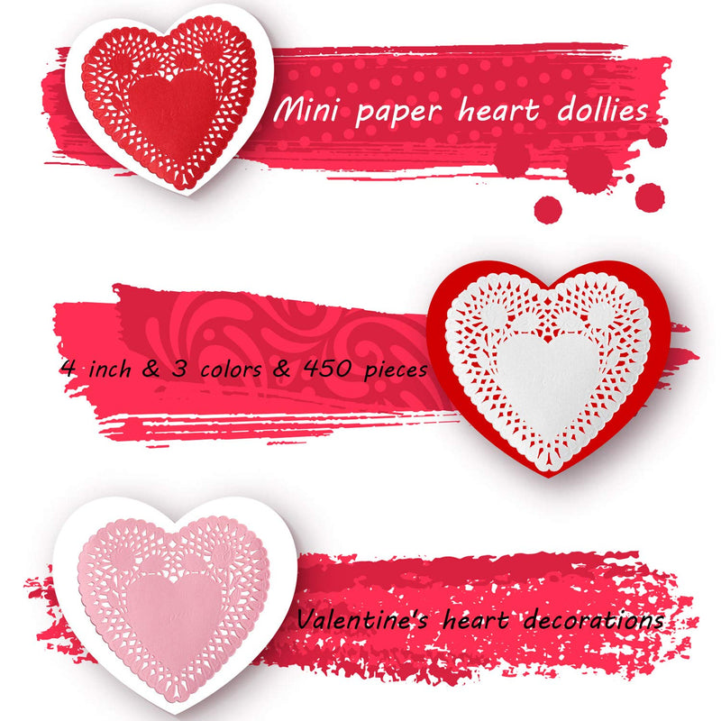 [Australia - AusPower] - TOODOO 450 Pieces Valentine Heart Doilies 4 Inch Heart Shaped Paper Doilies with 3 Colors, Red, Pink and White (450) 