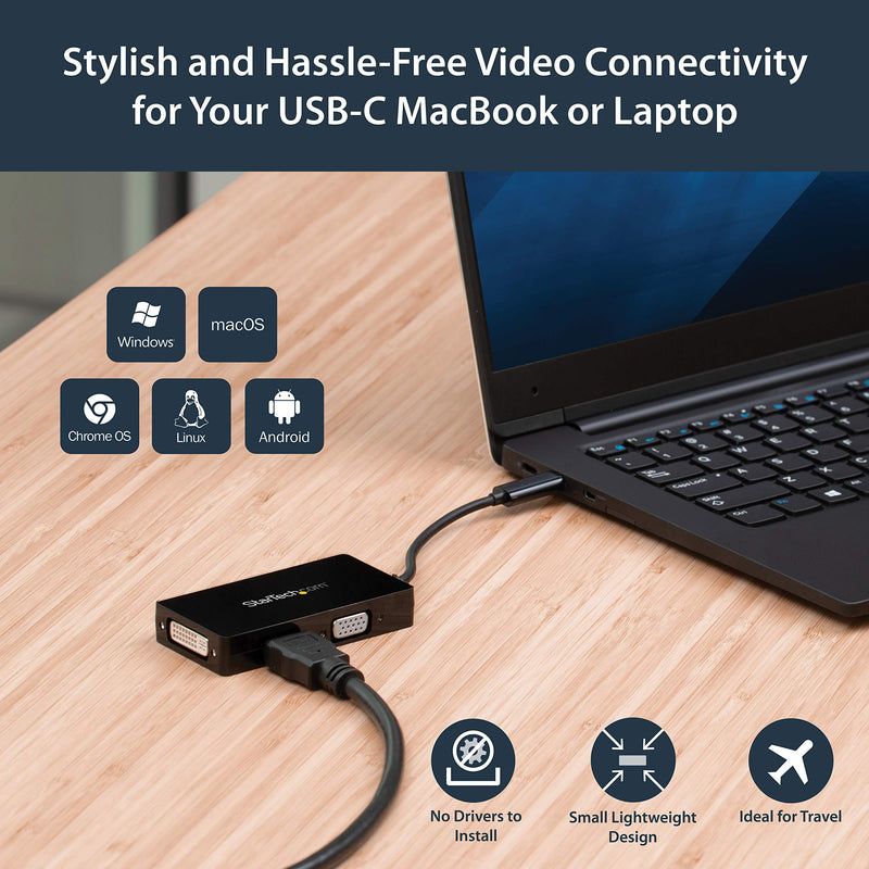 [Australia - AusPower] - StarTech.com 4K USB C to HDMI, VGA & DVI Multi Port Video Display Adapter for Mac / Windows Laptop & Monitor (CDPVGDVHDBP) Black 