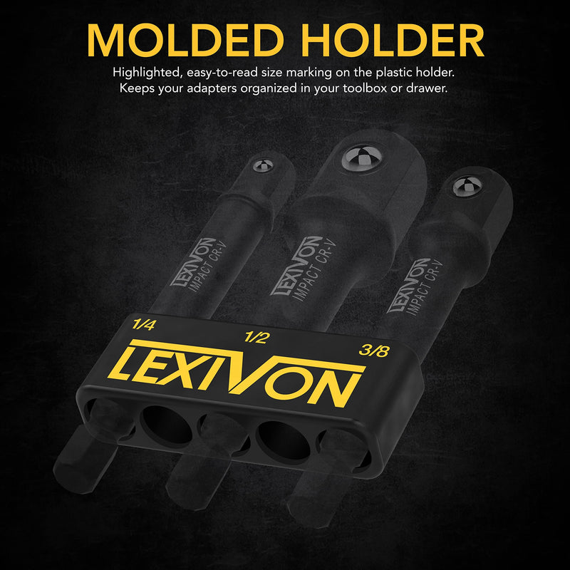 [Australia - AusPower] - LEXIVON Impact Grade Socket Adapter Set, 3" Extension Bit With Holder | 3-Piece 1/4", 3/8", and 1/2" Drive, Adapt Your Power Drill To High Torque Impact Wrench (LX-101) 3-Inch 