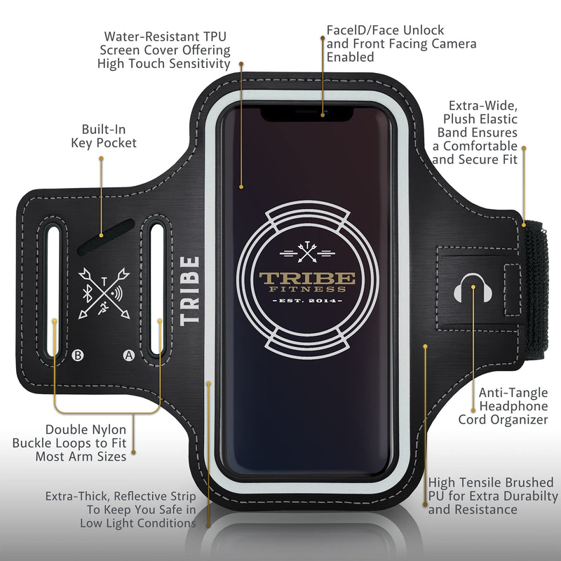 [Australia - AusPower] - TRIBE Water Resistant Cell Phone Armband Case Running Holder for iPhone Pro Max Plus Mini SE (13/12/11/X/XS/XR/8/7/6/5) Galaxy S Ultra Plus Edge Note (21/20/10/9/8/7/6/5) Adjustable Strap & Key Pocket Black/Grey 