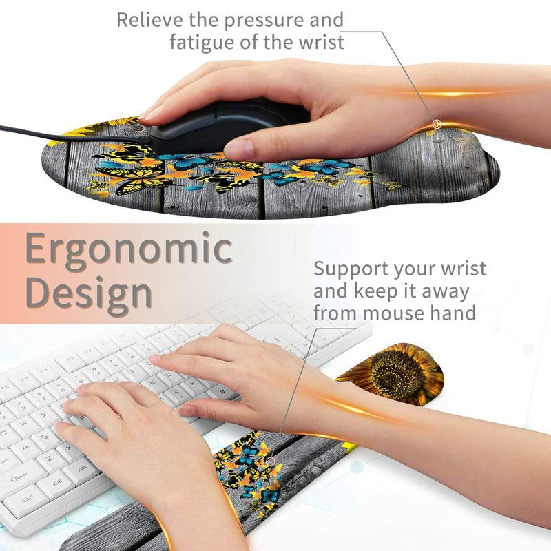 [Australia - AusPower] - Keyboard Wrist Rest Pad and Mouse Pad Wrist Rest Support Set, Ergonomic Gaming Mousepad Durable Smooth Surface Non-Slip Base Sunflower Butterfly Design for Computer Laptop Home Office + Cute Coasters Yellow Sunflowers and Butterflies 