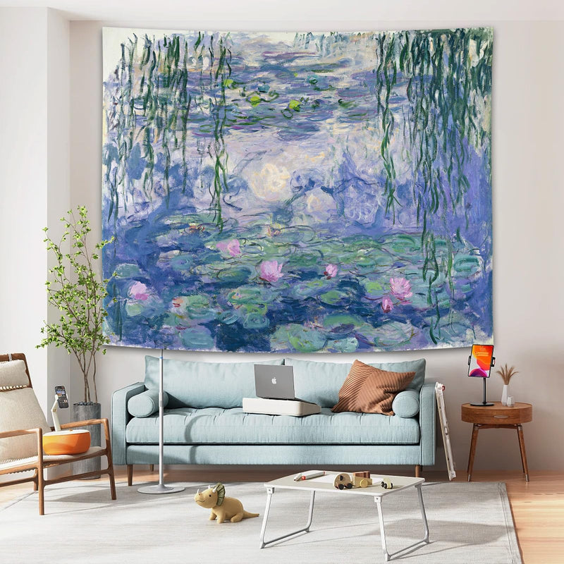 [Australia - AusPower] - Avinyl Floral Tapestry for Bedroom Aesthetic Water Lilies by Monet Wall Art Tapestry Abstract Nature Flower Wall Hanging for Living Room Dorm Decor 51in x 60in Blue 51.00" x 60.00" 