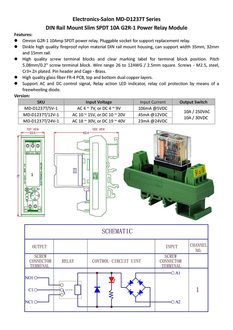 [Australia - AusPower] - Electronics-Salon AC/DC 12V Slim DIN Rail Mount 10Amp SPDT Power Relay Interface Module, G2R-1 12V. 