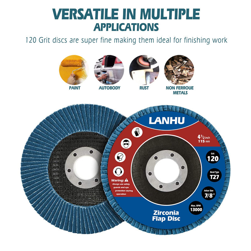 [Australia - AusPower] - LANHU，Zirconia Flap Disc | 4.5" x 7/8-Inch | 120 Grit Flat Type Fiber Glass Wheel Flat Type #27 Grinder |10 Pack 